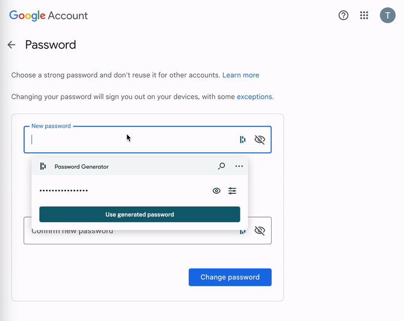 An animation of Dashlane’s Autofill feature populating a password into a Google Account field. A Dashlane window opens, offering to update the existing login or create a new one. Once an email is clicked to update, another window pops up that says “Login updated” with an option to undo if needed.