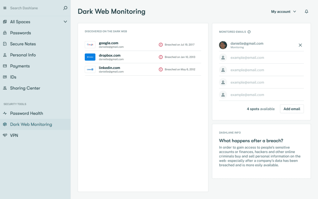 A screenshot of the Dark Web Monitoring feature in Dashlane shows 3 different credentials found on the dark web.