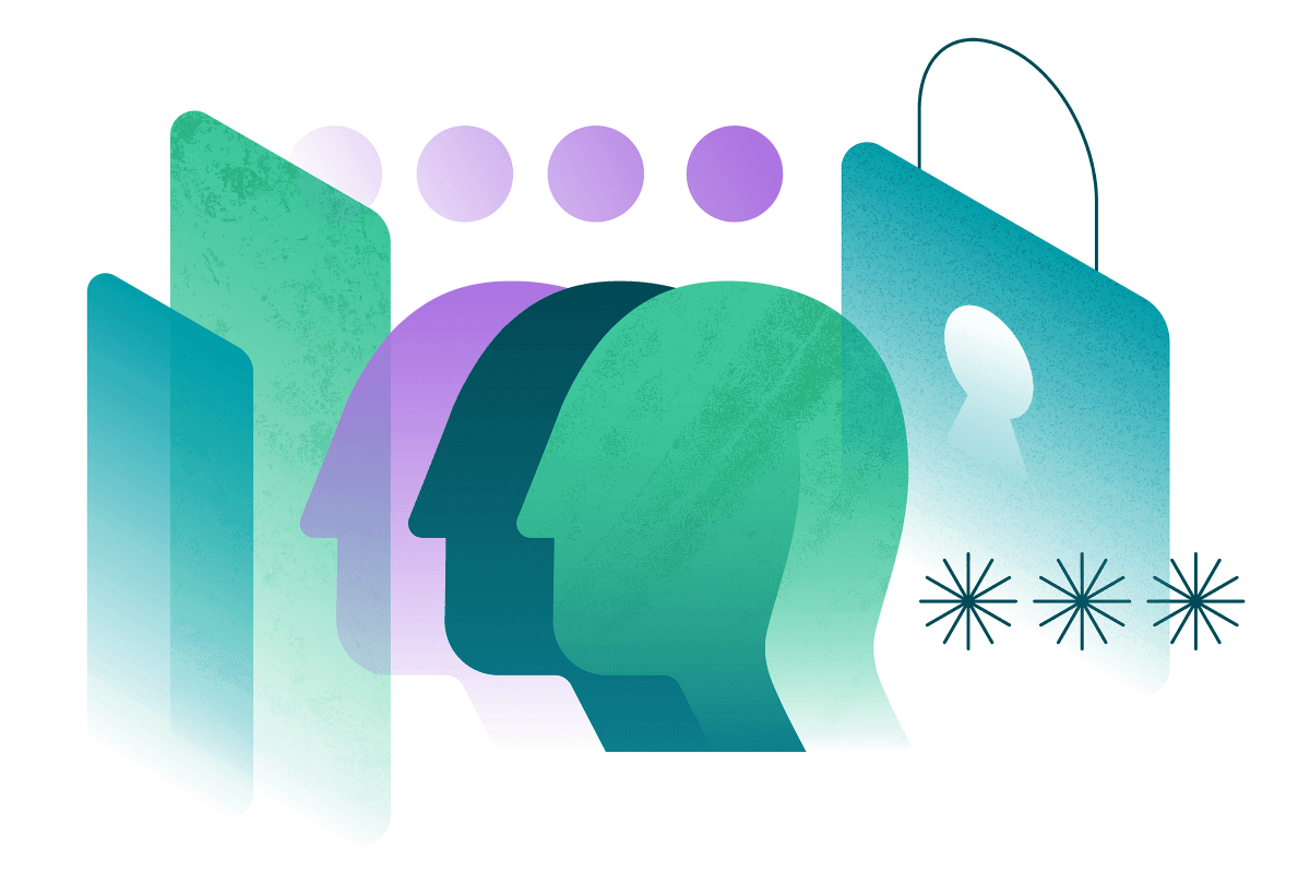 A blue, green, and purple illustration on a white background. An illustrated blue rectangle and a green rectangle are on the left, and an illustrated green lock with a white keyhole and three green asterisks are on the right. Three purple, dark green, and light green illustrated facial profiles overlaying each other appear in the middle under dots with a purple gradient.