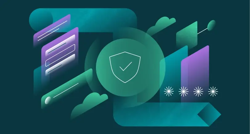 Green shield illustration with a check mark surrounded by cloud icons and login fields, representing passwordless login.