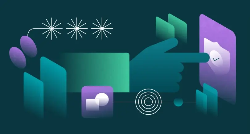 Illustrated finger pointing to a screen with a shield and check mark, representing secure, master passwordless login.