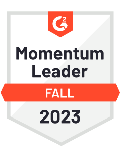 Red and white badge of Dashlane’s G2 Fall 2023 Momentum Leader award