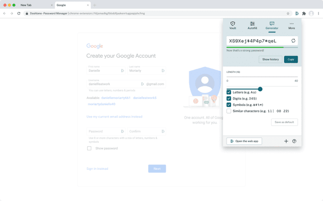 A screenshot of the password generator in the Dashlane web extension. 