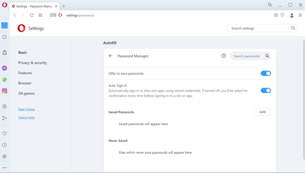 A screenshot of Password settings in the Opera desktop browser.