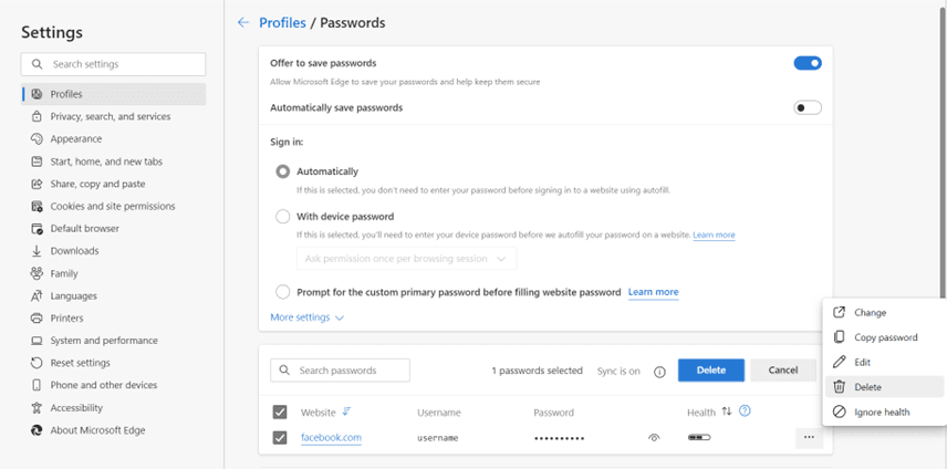 A screenshot of Password settings in the Microsoft Edge browser