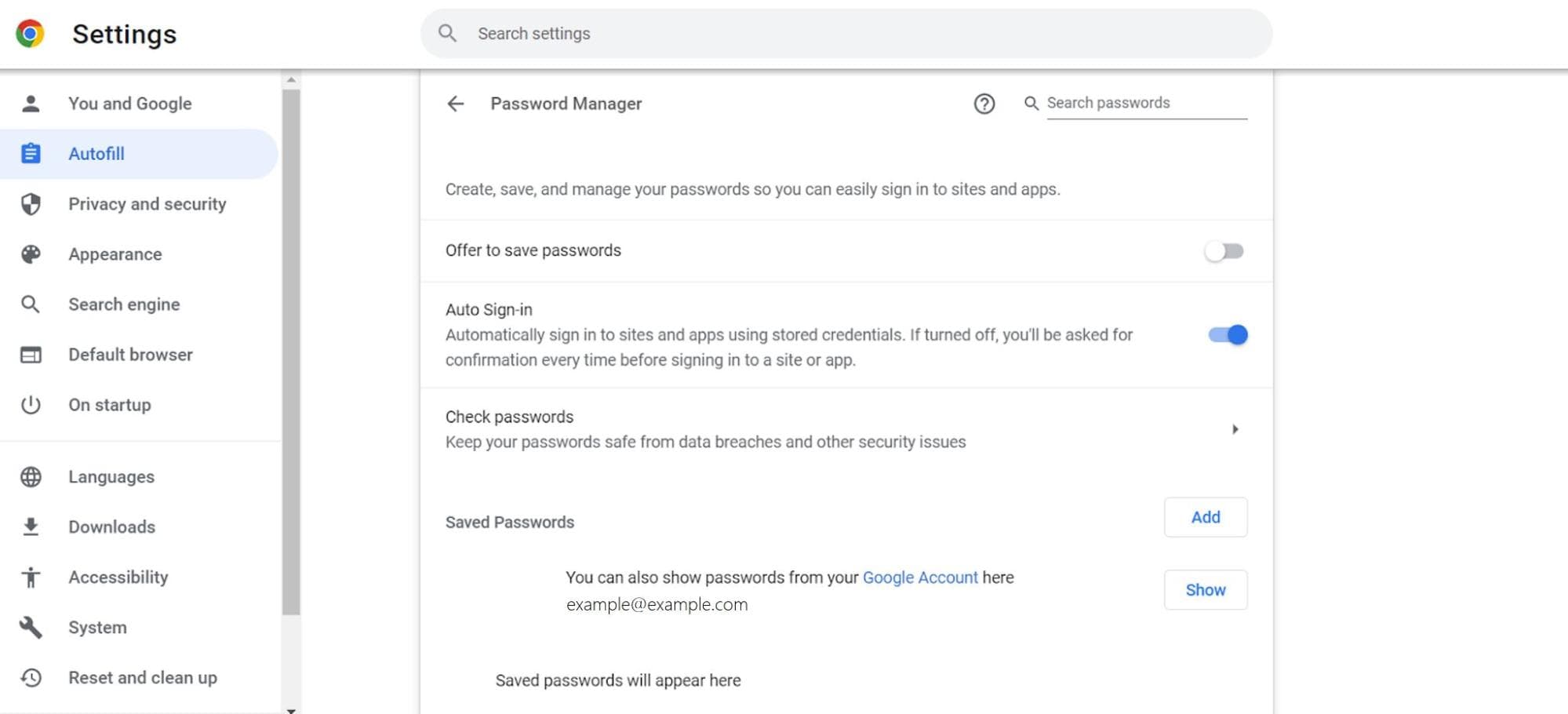 Password Manager settings in the Google Chrome