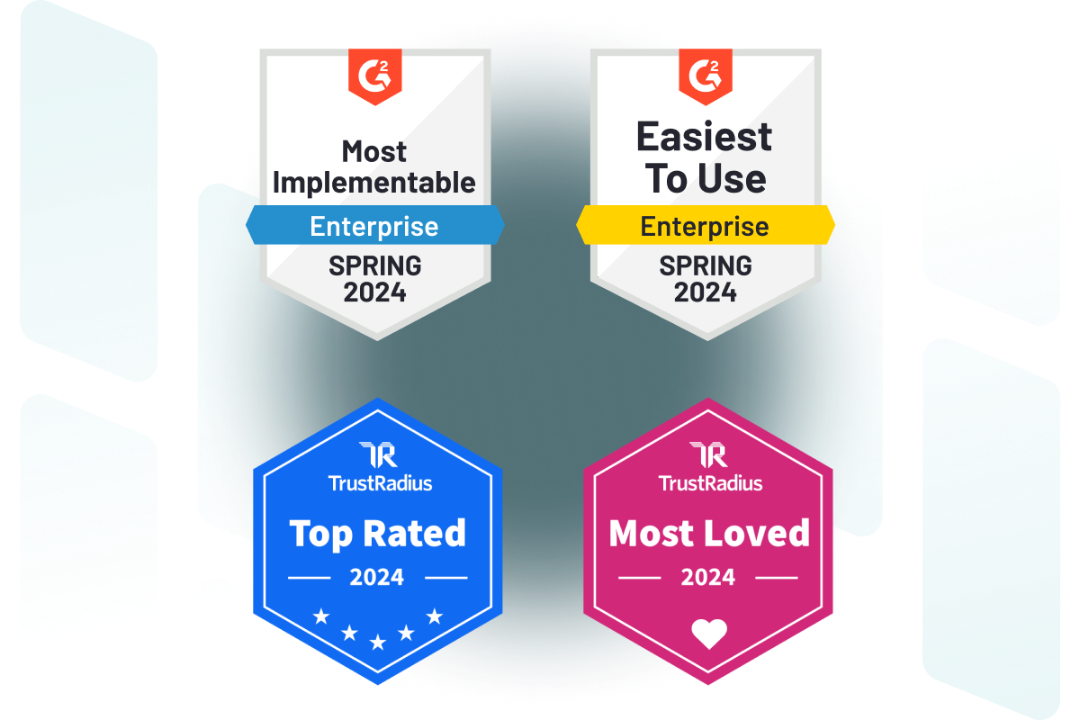 This image shows four of Dashlane’s password manager accolades: G2’s “Most Implementable - Enterprise” Spring 2024; G2’s “Easiest To Use - Enterprise” Spring 2024; TrustRadius’s Top Rated 2024; and TrustRadius’s Most Loved 2024.