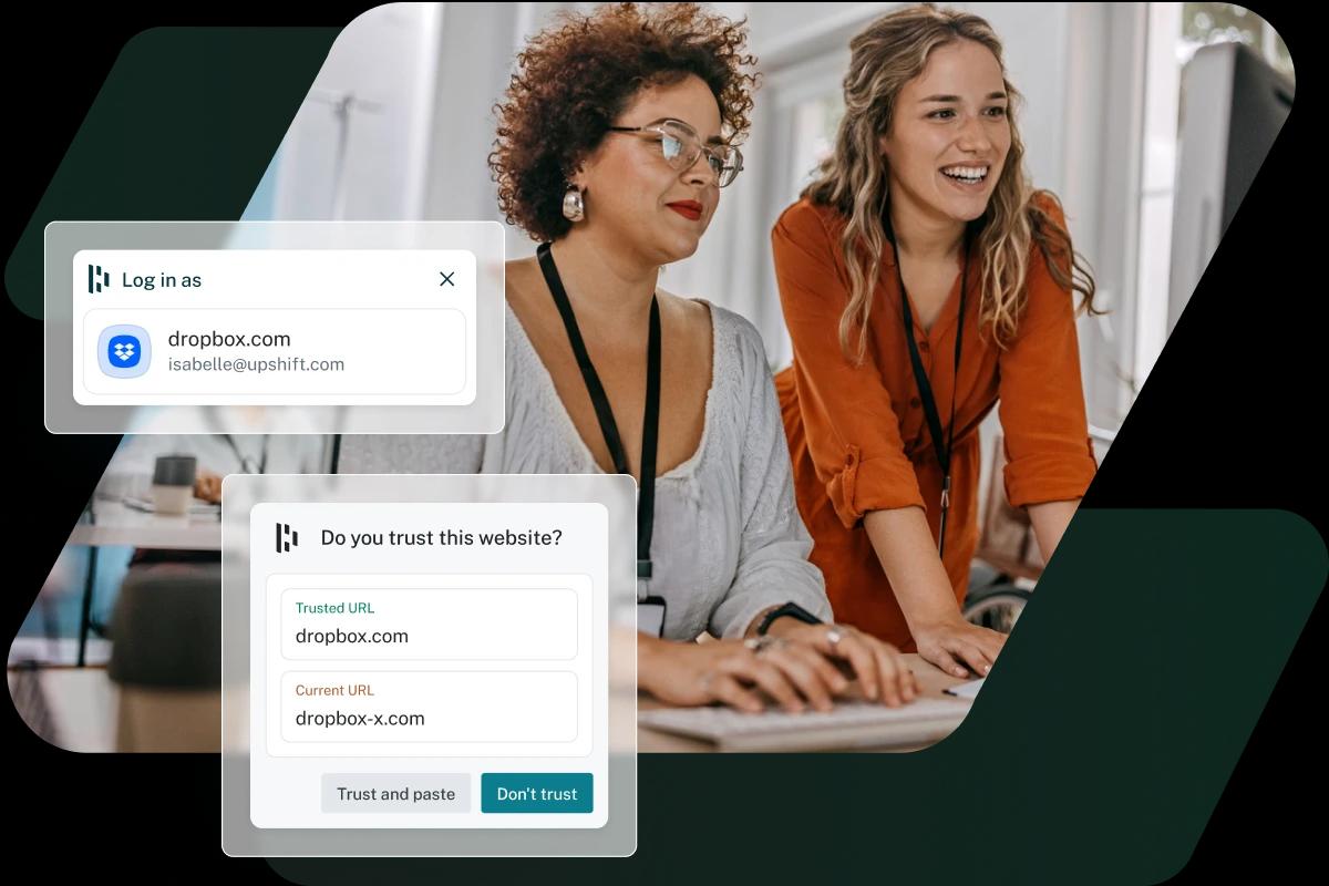 This image shows two women collaborating at a desk, overlaid with product imagery of Dashlane’s autofill and phishing alerts features.