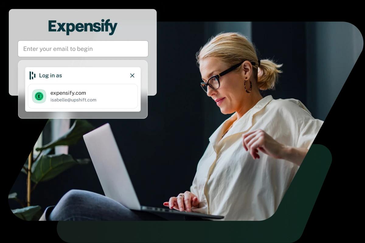 This image shows a woman working on a laptop with product imagery of Dashlane Autofill in action, representing how Dashlane provides business password management.