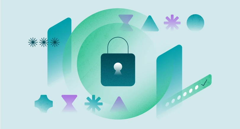 Lock illustration with abstract icons and a green login field with a check mark, representing secure, passwordless login.