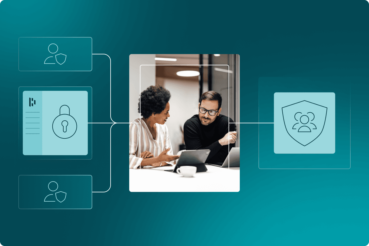 This image shows two employees collaborating combined with illustrated elements, representing how Dashlane seamlessly integrates into IT and security infrastructure.