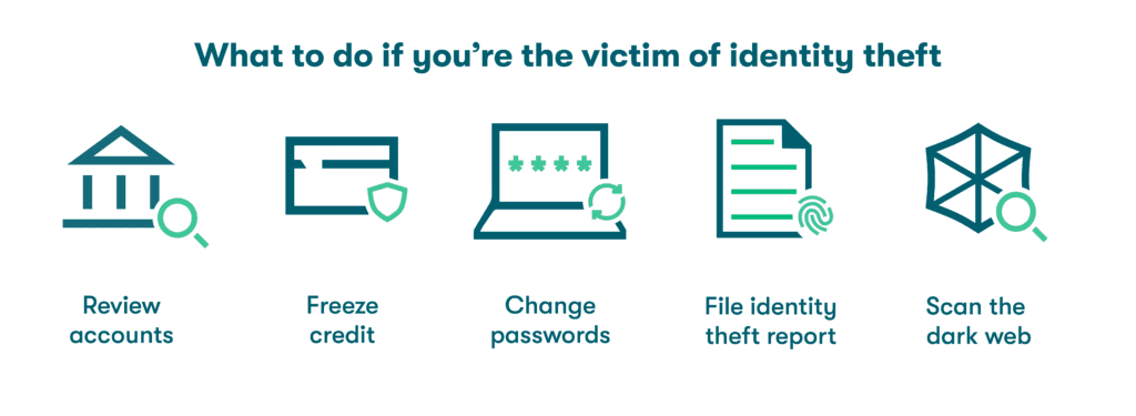 A graphic listing the steps to take if you’re the victim of identity theft: review accounts, freeze credit, change passwords, file an identity theft report, and scan the dark web.