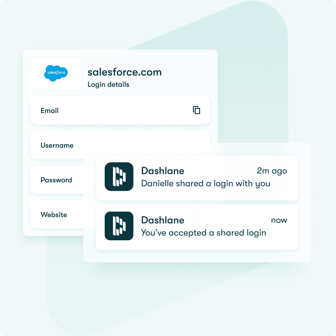 This image shows two screenshots of a saved credential in Dashlane and a securely shared credential.