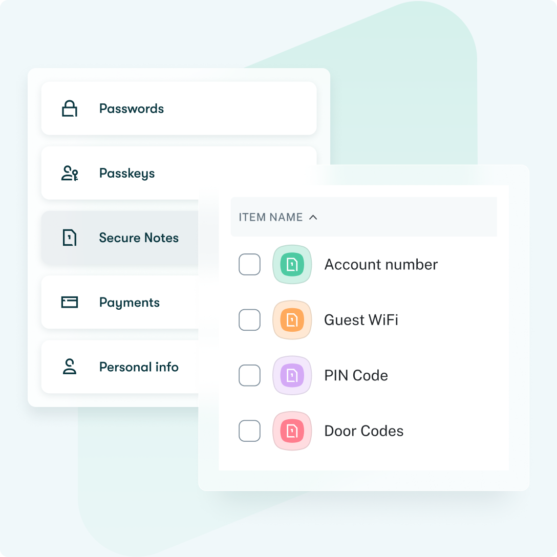 This image shows Dashlane’s Secure Notes features with examples of what someone could store, including WiFi passwords and door codes.