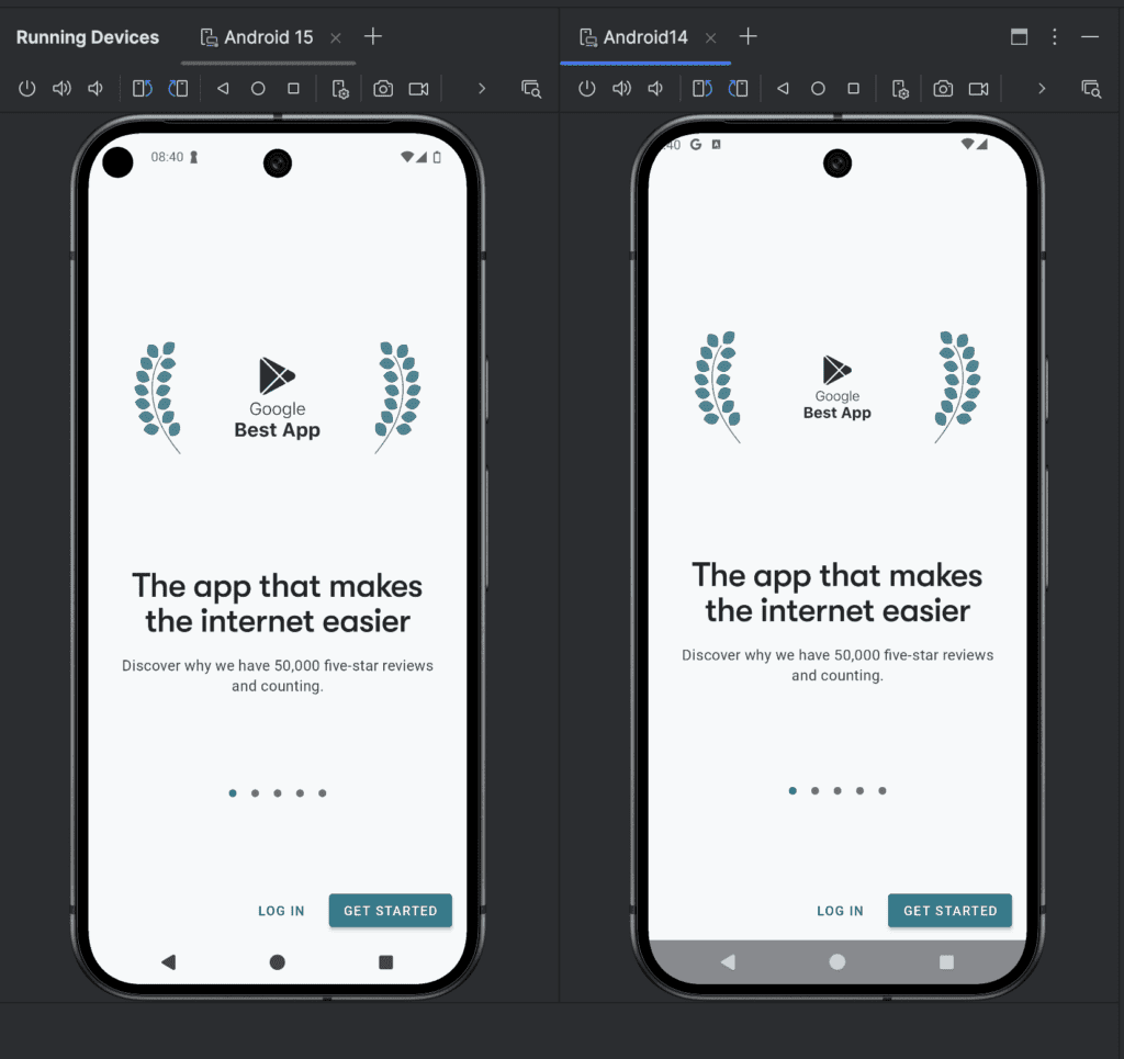 Two Android devices side by side. The device on the left uses Android 15 and shows the edge-to-edge user experience. The device on the right shows the user experience on older versions of Android, such as Android 14.
