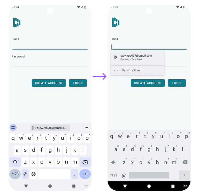 Screenshots showing how passkeys from Dashlane are displayed on Android 15 as keyboard autofill suggestions or as a drop-down under the selected field.
