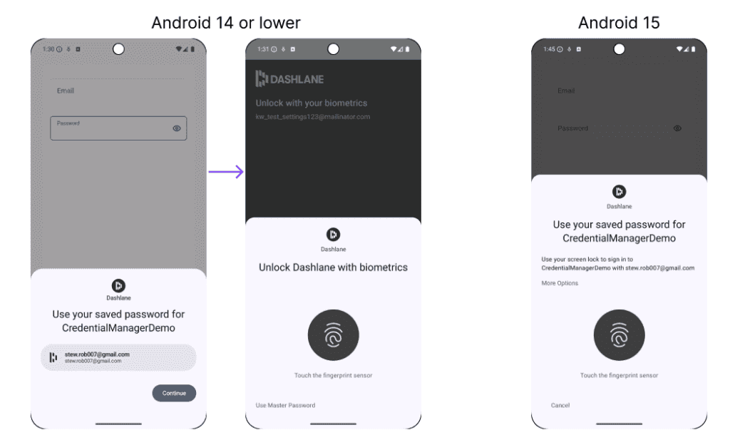 Comparison of Dashlane biometric unlock methods on two Android devices. The left device uses saved passwords for login; the right device employs a unified unlock screen in Android 15.
