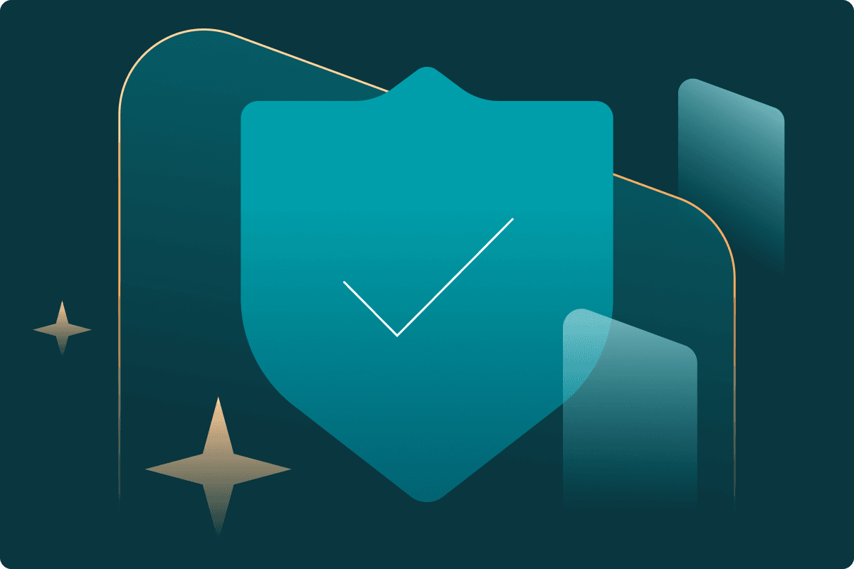 An abstract image of a shield with a checkmark appears next to Dashlane’s logo and stars to denote protection from cyber threats.