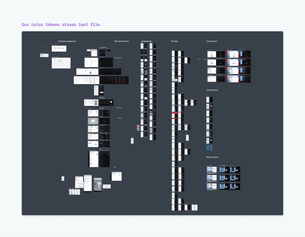  Image labeled “Our color tokens stress test file” featuring dozens of screenshots of the Dashlane password manager interface depicting various color tokens.
