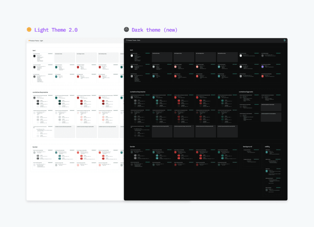 On the left is the light theme 2.0 with all of its color tokens. On the right is the new dark theme with all of its color tokens.