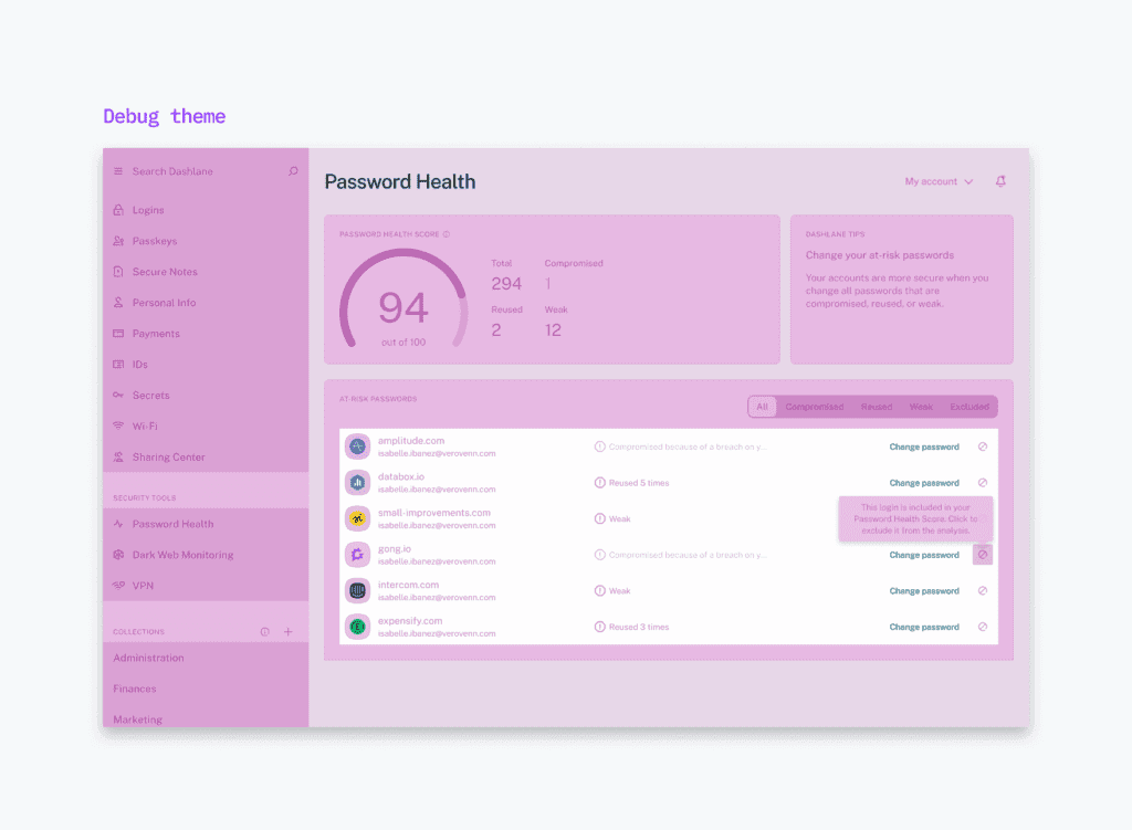 A screenshot of Dashlane’s Password Health interface in which nearly every color is a shade of purple.