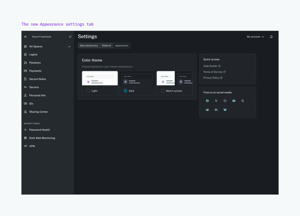 Screenshot of the Settings page in Dashlane password manager where a user can select the dark theme.