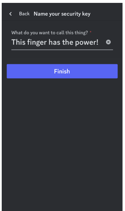 Screenshot of the Discord “Name your security key” page on mobile.