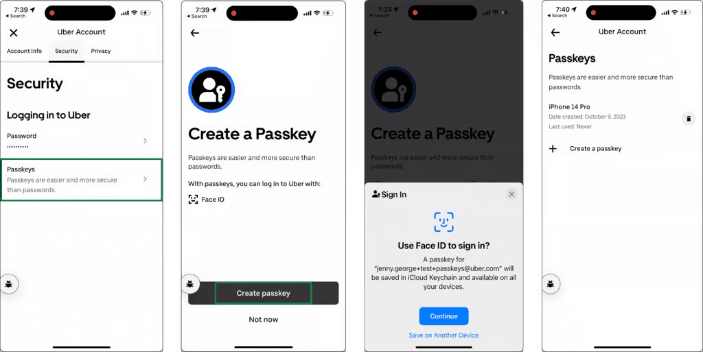 4 side-by-side screenshots of the Uber app that show the user flow from logging in to creating a passkey.