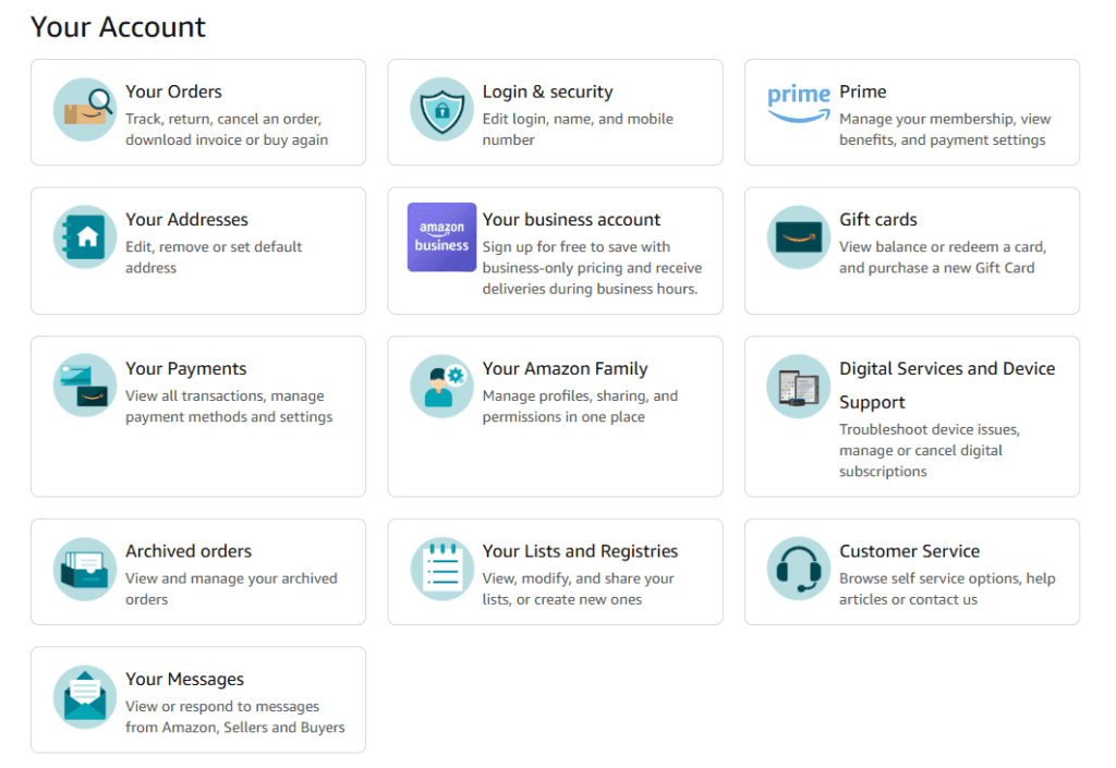 Screenshot of the Your Account screen on Amazon.com that shows many navigation options, including Your Orders, Login & security, and Prime.