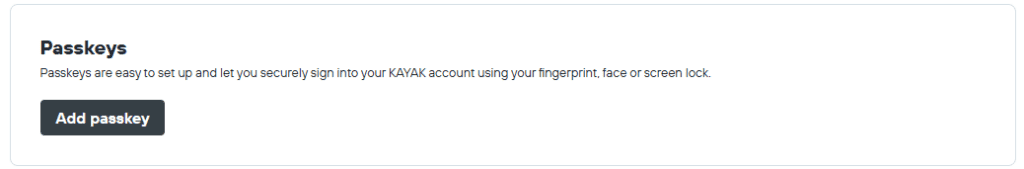 Screenshot of the Passkeys section of the Kayak.com account page where users can add a passkey.