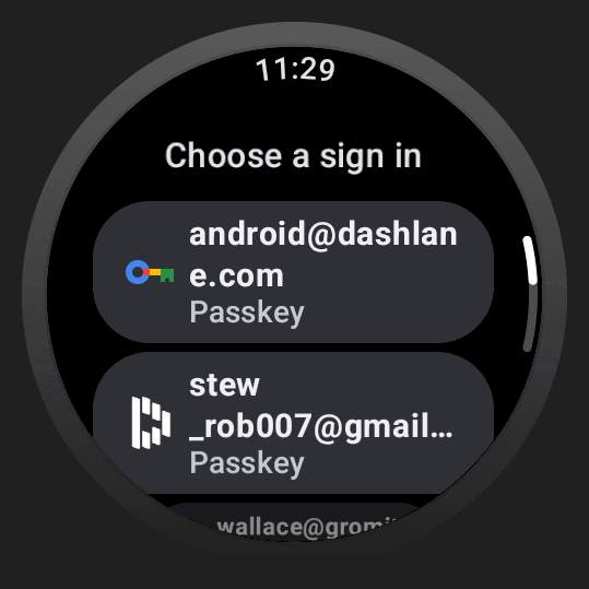 List of sign-in options provided by different services installed on the watch, like Dashlane