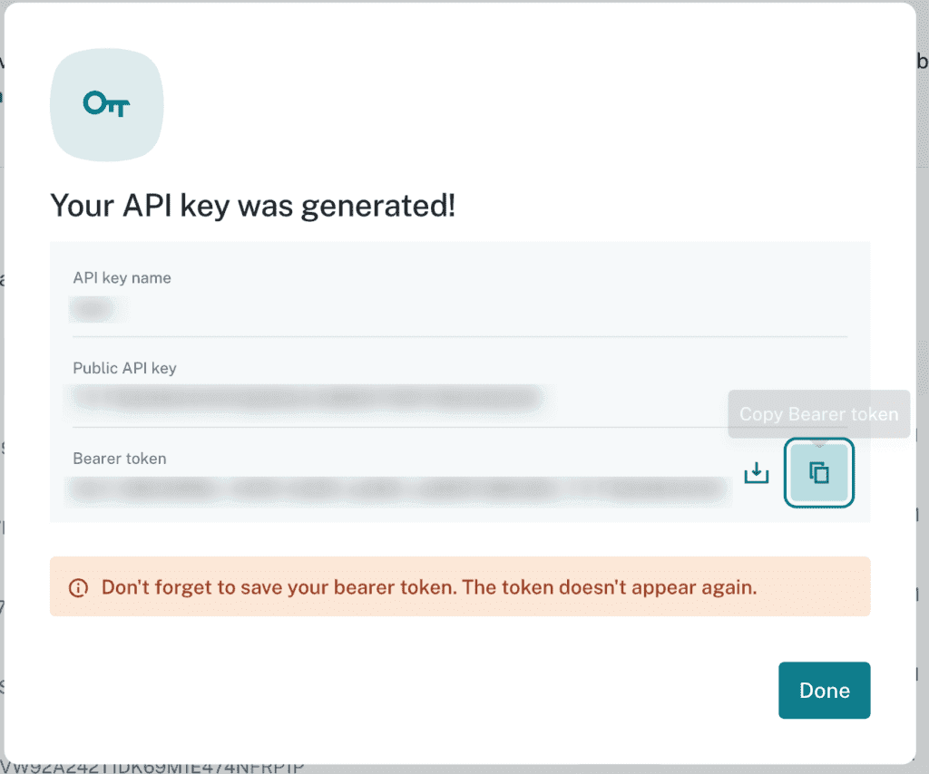 A screenshot of a Dashlane pop-up that says “Your API key was generated!”