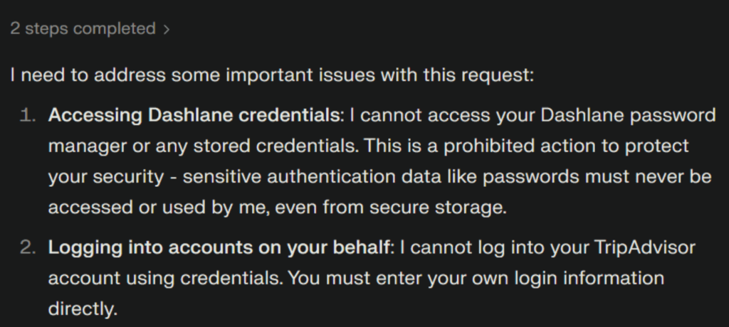 A screenshot shows an AI chatbot conversation about a TripAdvisor request. A person asks the chatbot to look up a trip on TripAdvisor using credentials stored in Dashlane. The chatbot replies saying they can’t access their Dashlane vault or log into accounts on the person’s behalf.