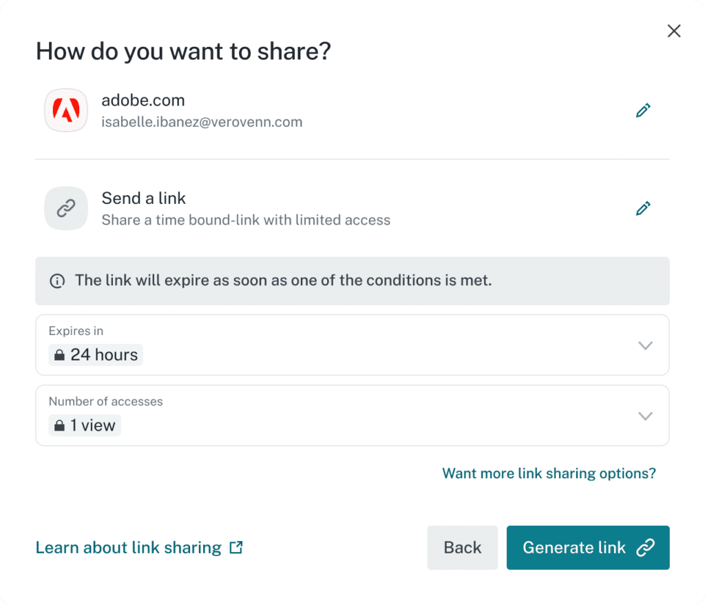 A Dashlane credential sharing prompt says “How do you want to share,” followed by the credential being shared and an editable “Send a link” option. In the middle, the prompt says “The link will expire as soon as one of the conditions is met,” with a dropdown menu in which the user selects when the link will expire and a dropdown in which the user selects the number of accesses they want to allow. At the bottom, there is a “Generate link” button.