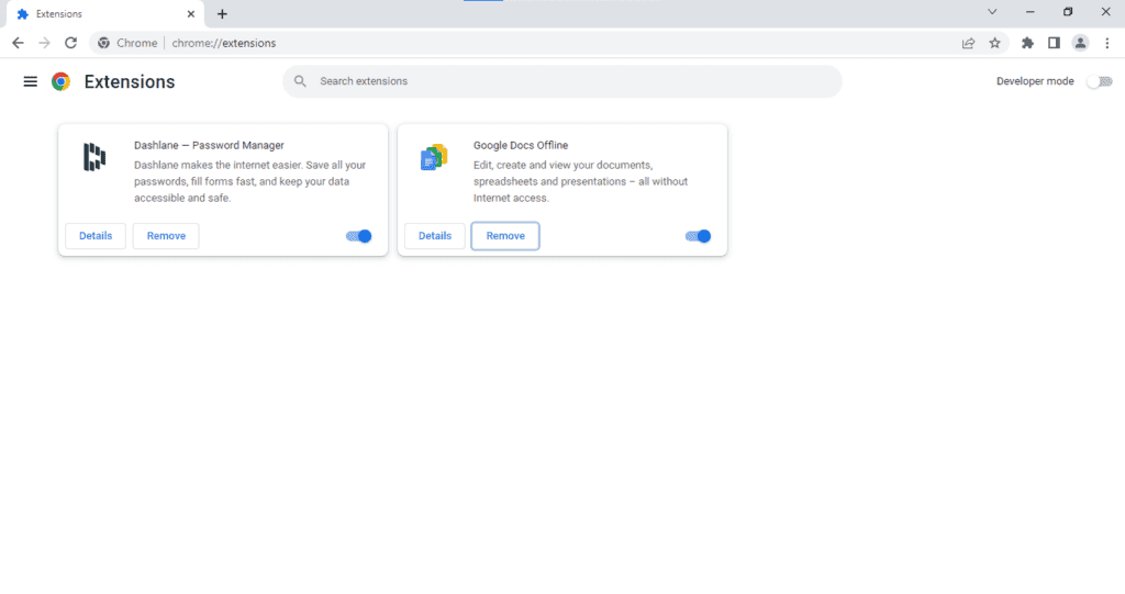 Screenshot of Google Chrome Extensions page showing the list of installed extensions with options to see their details and remove the extensions.