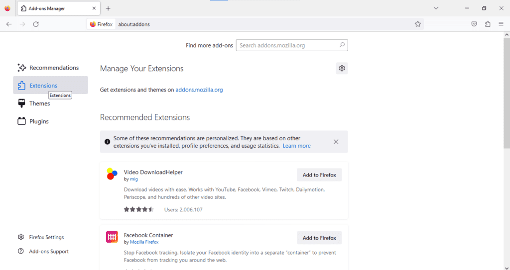 Screenshot of the Add-ons Manager page of Mozilla Firefox.