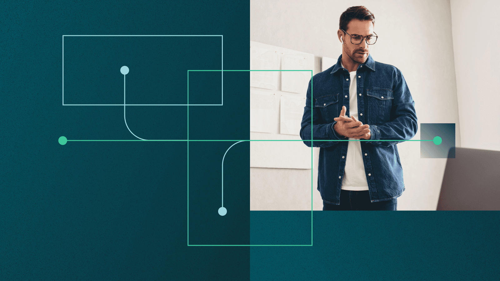 A green and blue background with three blue slanted rectangles in the middle. A white Dashlane logo is overlaid on top.