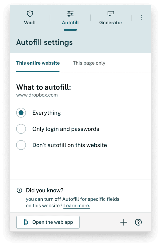 Screenshot of Dashlane's autofill settings in the extension where you can set what to autofill (everything, only logins and passwords, or don't autofill on this website).