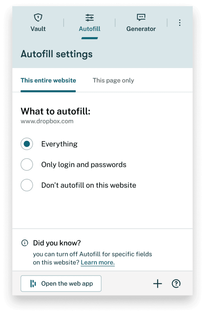 Screenshot of Dashlane's autofill settings in the extension where you can set what to autofill (everything, only logins and passwords, or don't autofill on this website).