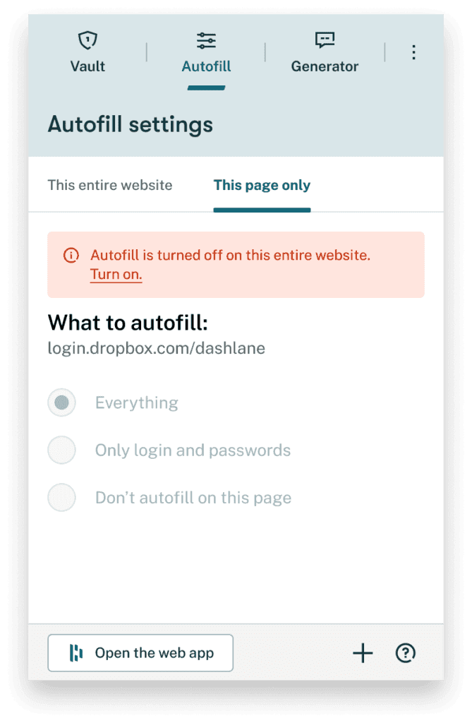 Screenshot of Dashlane's autofill settings in the extension where you can turn autofill off for certain sites.