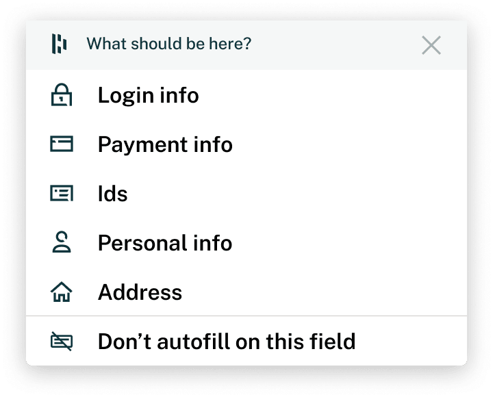 Screenshot of Dashlane's autofill suggestion popup asking what should be here (Login info, payment info, Ids, personal info, address, or don't autofill here).