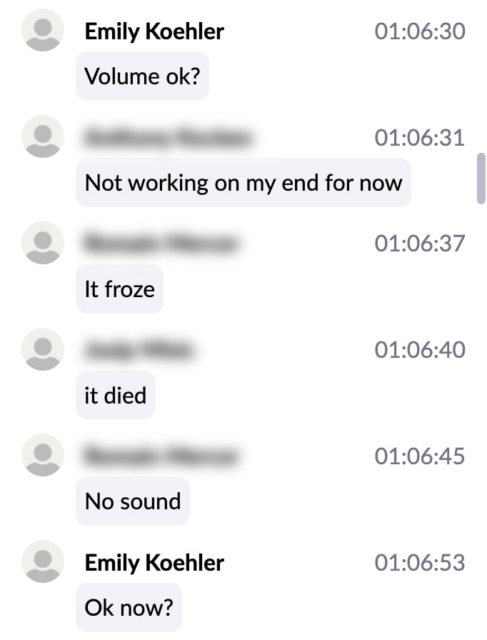 chat history showing zoom participants having trouble hearing in-person participants.
