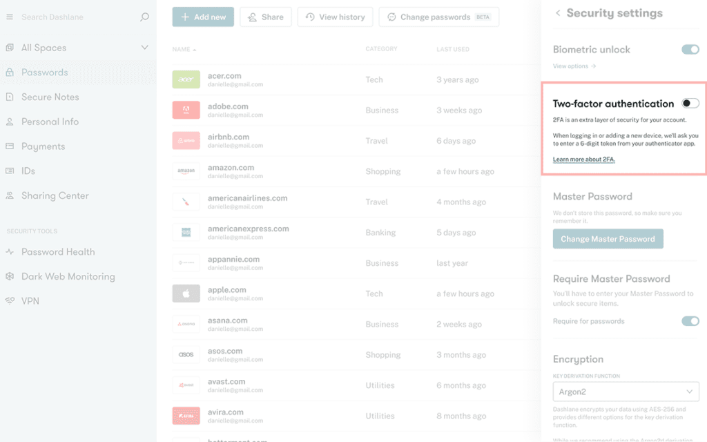 A screenshot of the Dashlane password vault with a two-factor authentication section appearing in a sidebar on the right where a user can turn the feature on by toggling.