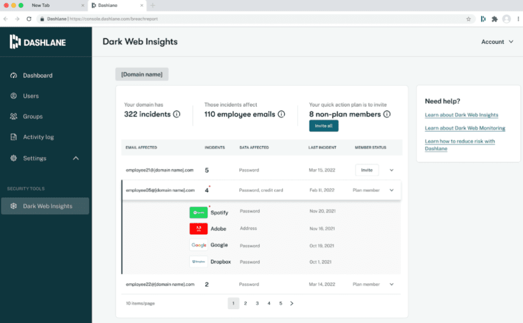 Screenshot of Dashlane's Dark Web Insights dashboard for admins.