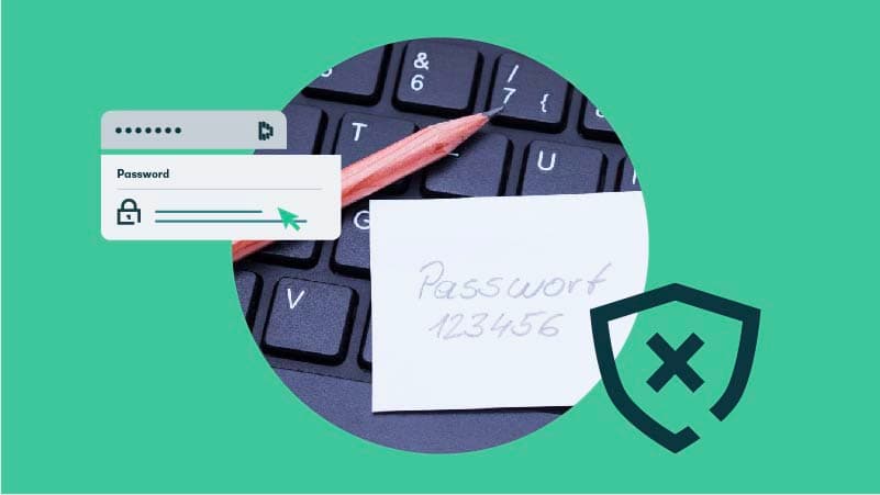 Graphic of a keyboard with a weak password written on a piece of paper beside a pencil