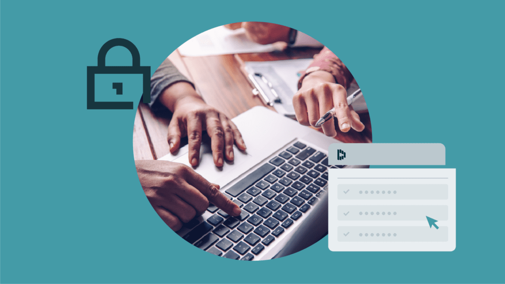 Image of two employees collaborating on a task on a laptop with an overlay of a lock and password management icon implying protected password- sharing practices within a business among employees.