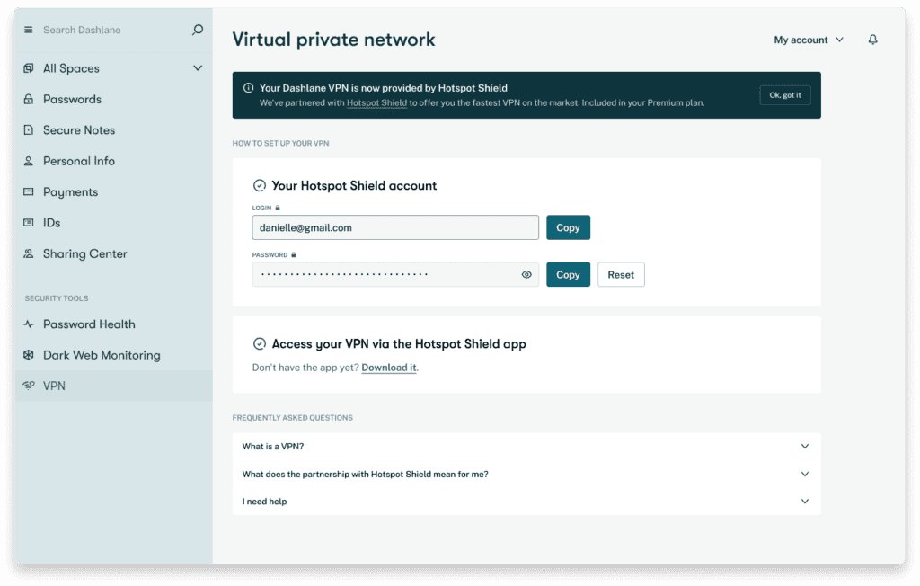 A screenshot of the VPN settings on the Dashlane web app.