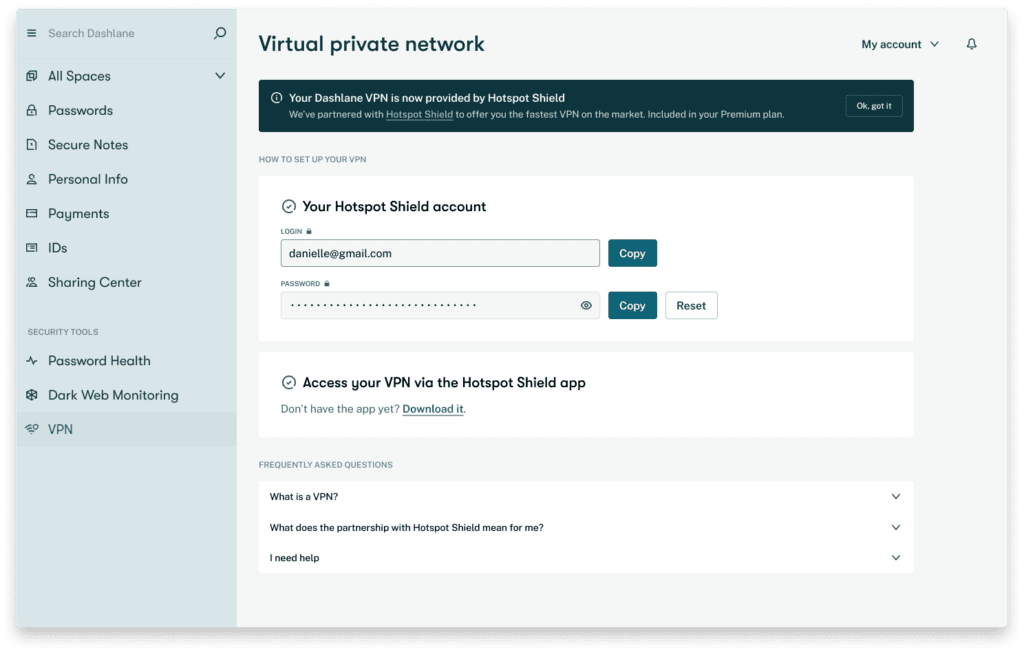 A screenshot of the VPN settings on the Dashlane web app.