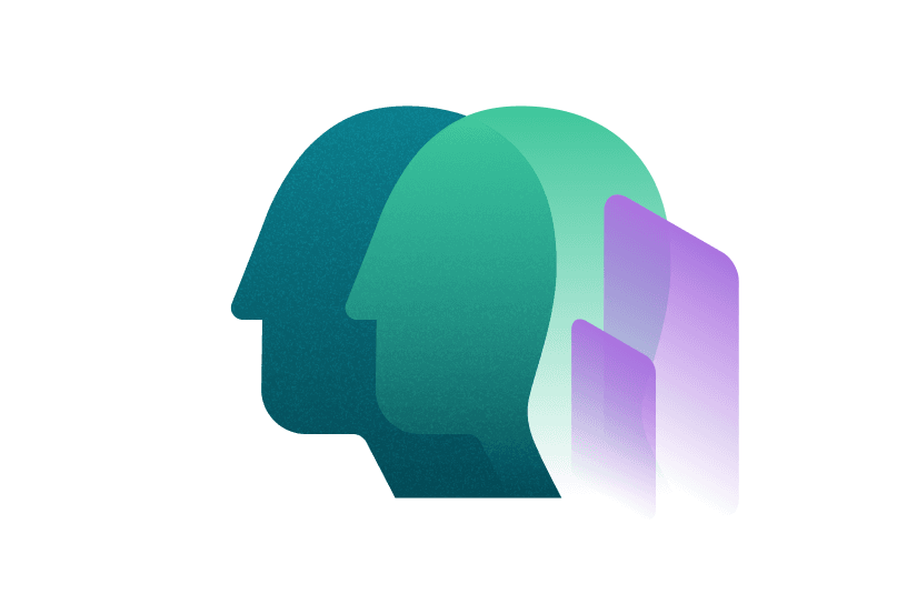 An illustration on a white background. A blue and green simplified facial is in the center and a purple square and vertical purple rectangle are on the right-hand side.