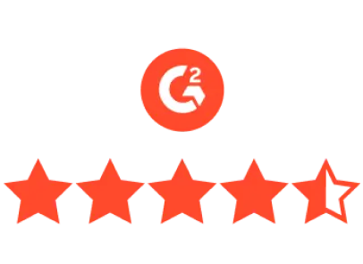 A red and white graphic of Dashlane’s G2 rating. 5 stars appear below the G2 logo, and 4.5 stars are filled in to show Dashlane’s 4.5-star rating